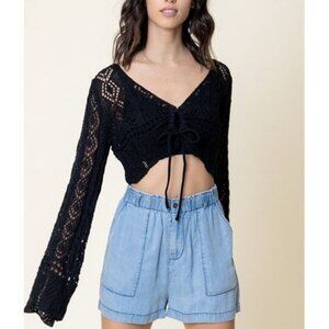 Black Crochet Long Sleeve Crop Top dark cottagecore Festival whimsigoth goth